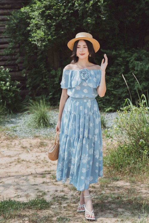 Light Blue Floral Midi Voile Skirt (Chân váy)