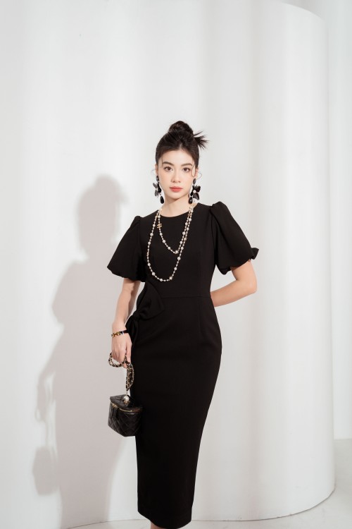 Black Puff-sleeves Midi Woven Dress