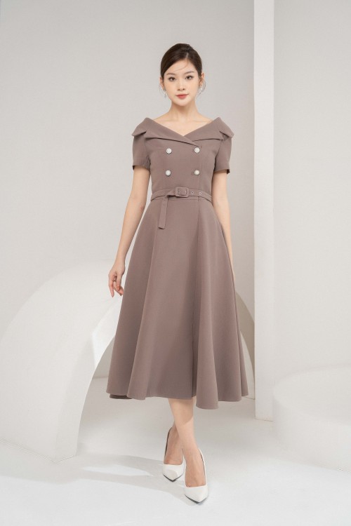 Olive Short Sleeves Midi Woven Dress