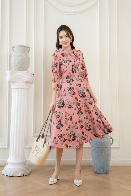 Peach Pink Floral Midi Silk Dress