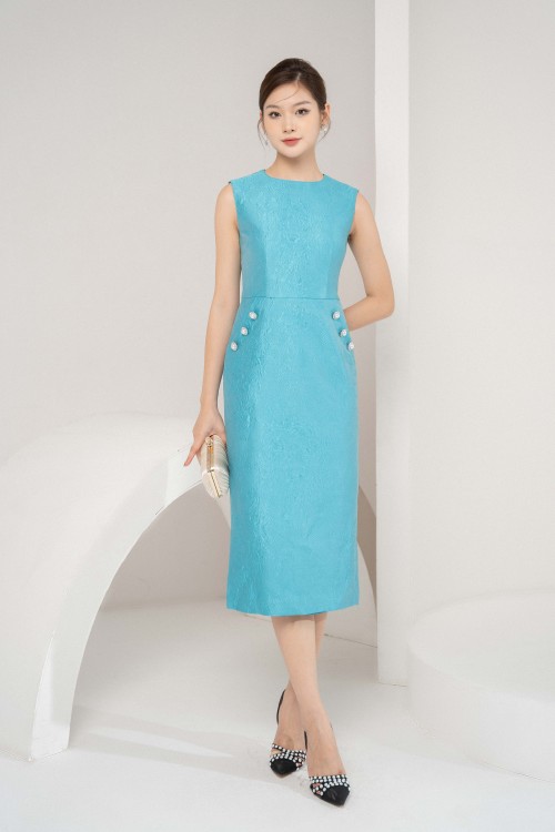 Sky Sleeveless Midi Brocade Dress
