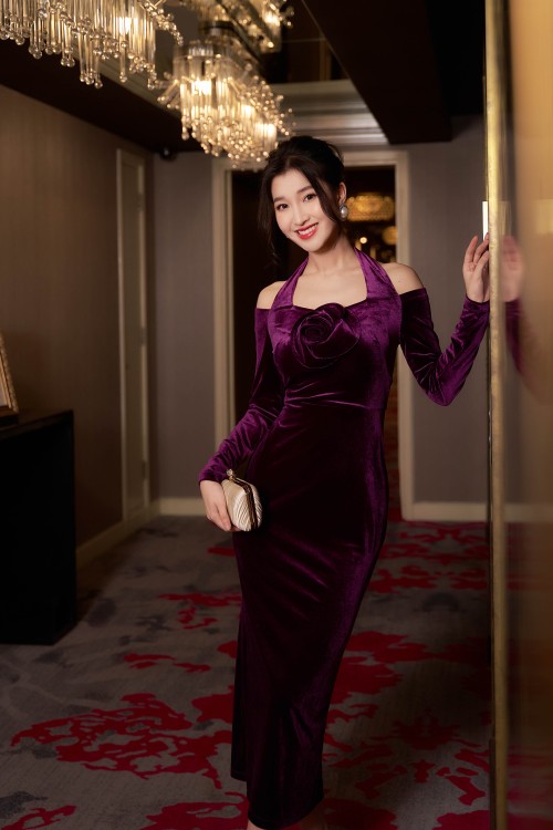 Purple Midi Velvet Dress With Flower