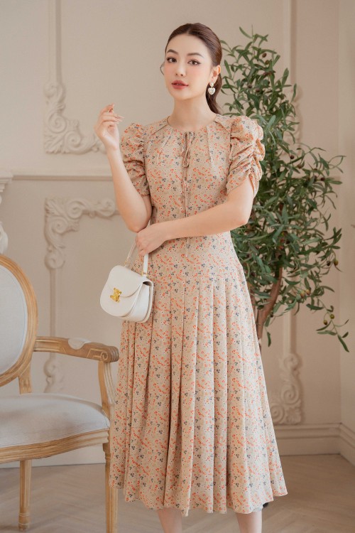 Dark Beige Floral Midi Silk Dress