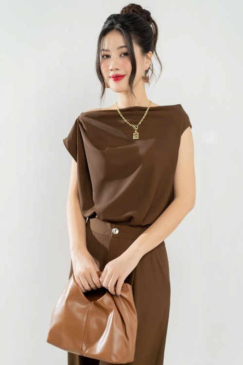 Chocolate-brown Boatneck Silk Top