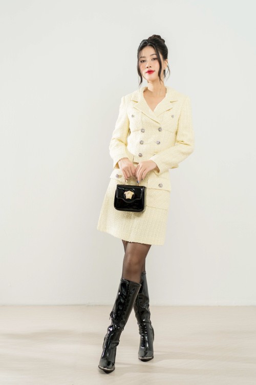 Light Yellow A-line Mini Tweed Skirt