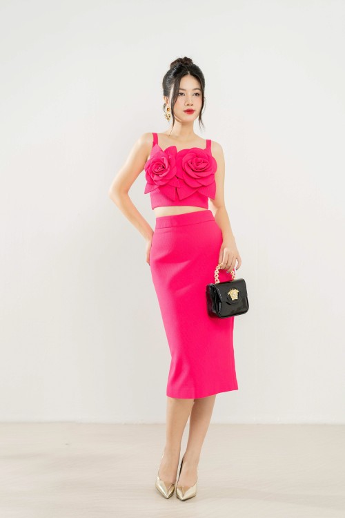 Magenta Sheath Midi Raw Skirt