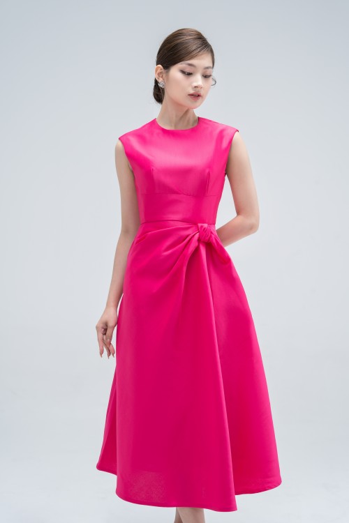 Magenta Sleeveless Midi Taffeta Dress