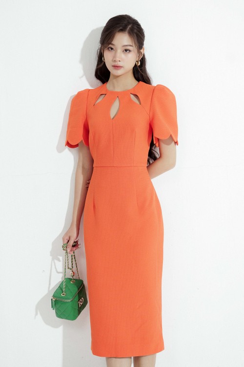 Orange Keyhole Neckline Midi Raw Dress