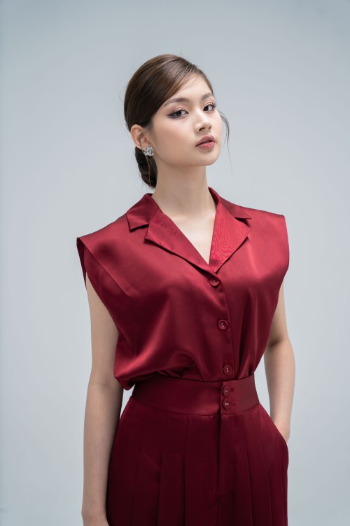 Wine Cap Sleeves Silk Top (Áo nữ)