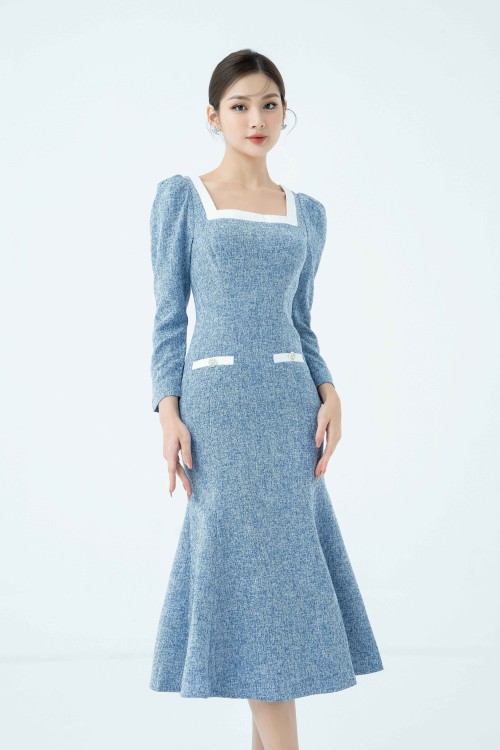 Blue Mermaid Midi Tweed Dress