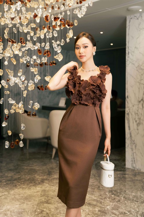Chocolate-Brown Midi Dress With Flowers