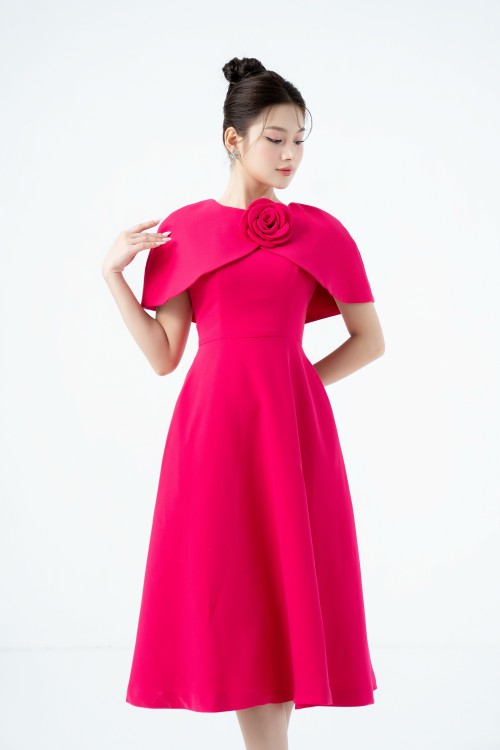 Magenta Cape Midi Woven Dress