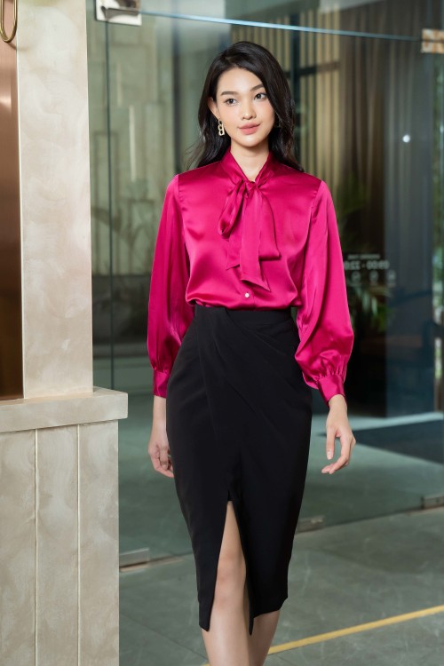 Magenta Bowtie Silk Shirt