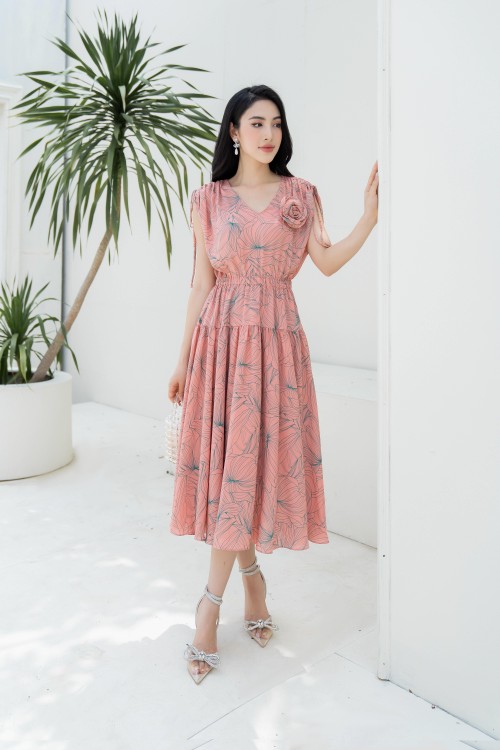 V-neck Floral Midi Chiffon Dress