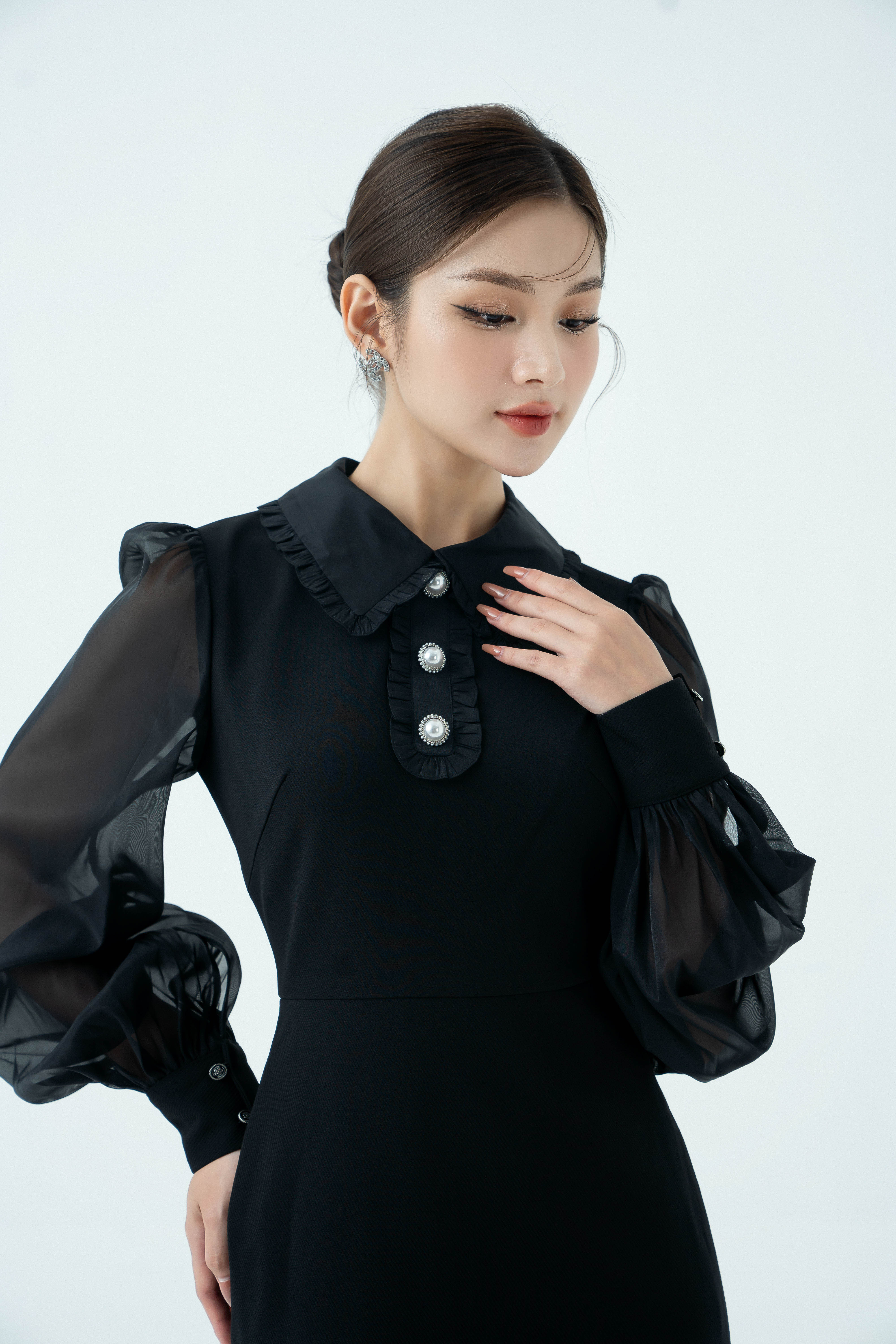 Dresses - Black Bishop Sleeve Midi Woven Dress