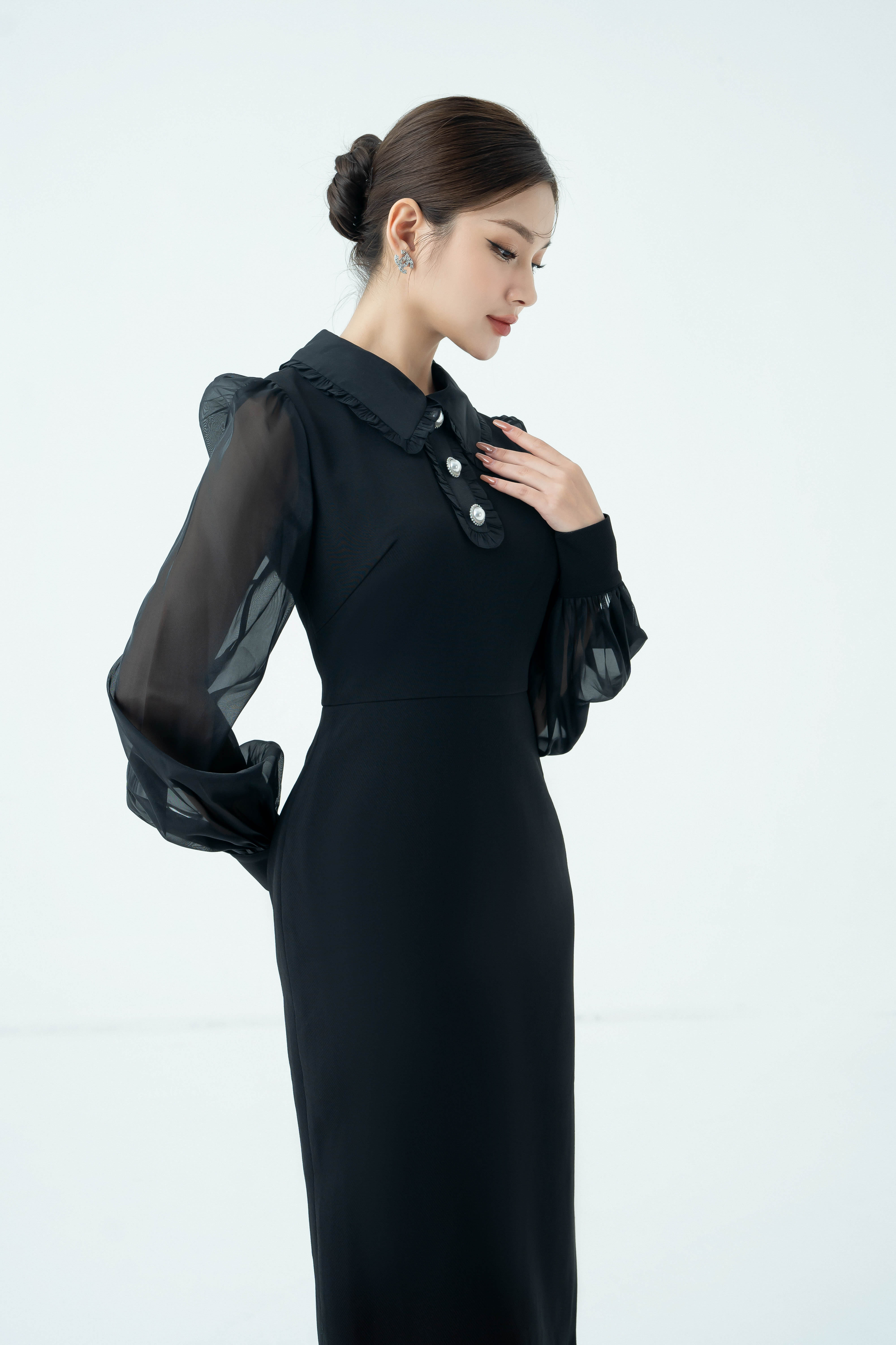 Dresses - Black Bishop Sleeve Midi Woven Dress