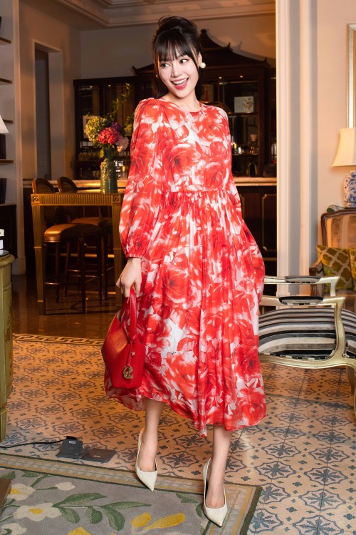 Red Rose Print Organza Flared Dress