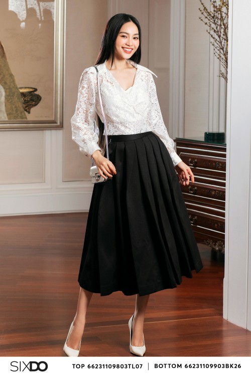 Black Pleated Taffeta Midi Skirt
