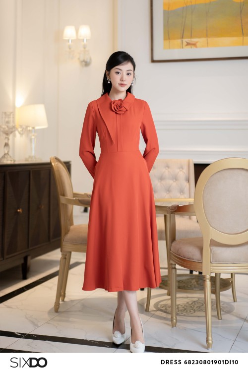 Dark Orange Midi Silk Dress With Flower