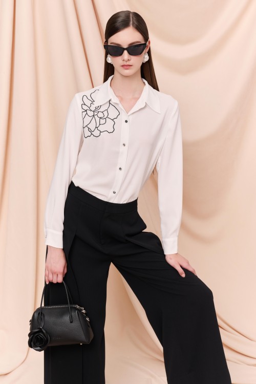 White Flower Embroidery Woven Shirt