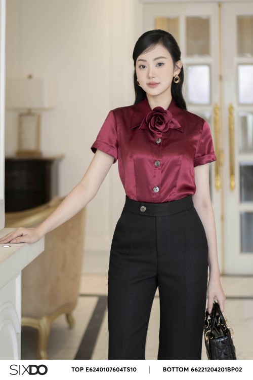 Wine Short Sleeves Silk Shirt With Flower