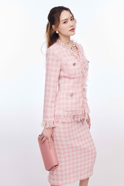 Sixdo Pink Long Sleeves Tweed Vest