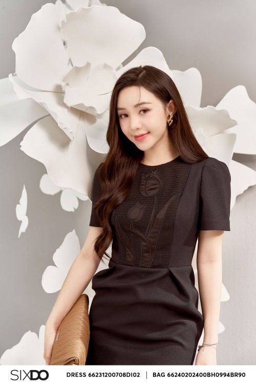 Sixdo Black Flower Embroidery Woven Midi Dress 1