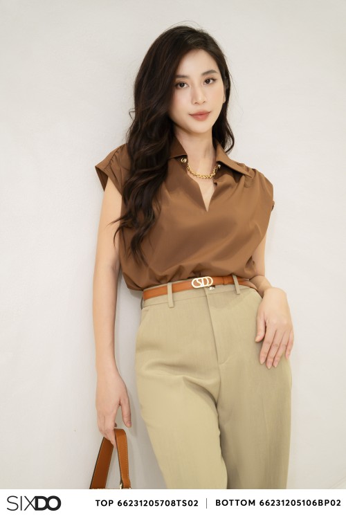 Brown V-neck Woven Top