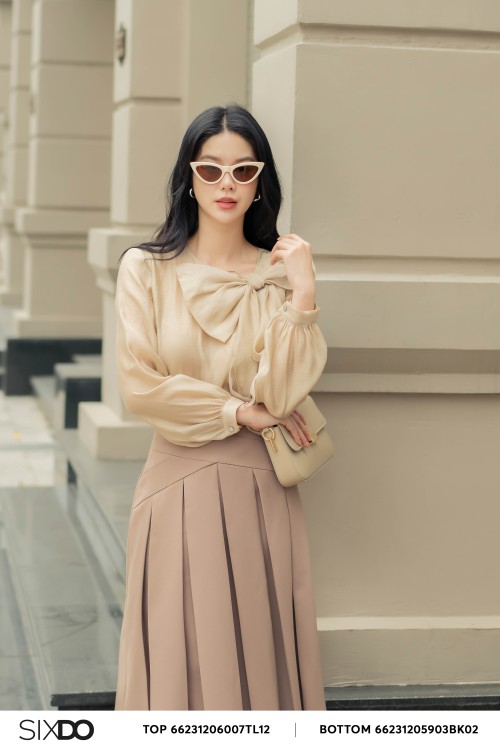 Dark Beige Bow-tie Organza Top