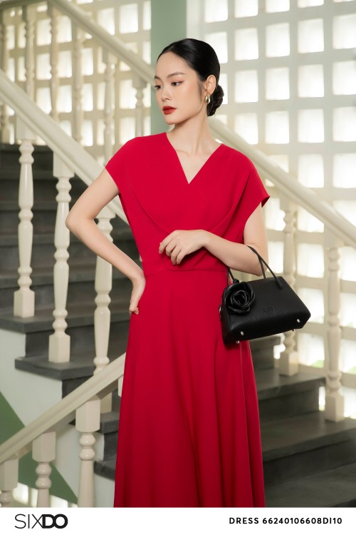 Red V-neck Silk Midi Dress