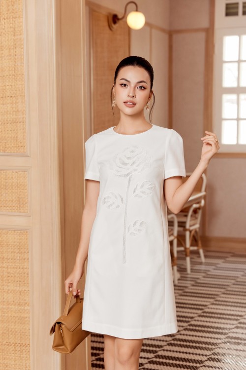 White Flower Embroidery Woven Mini Dress