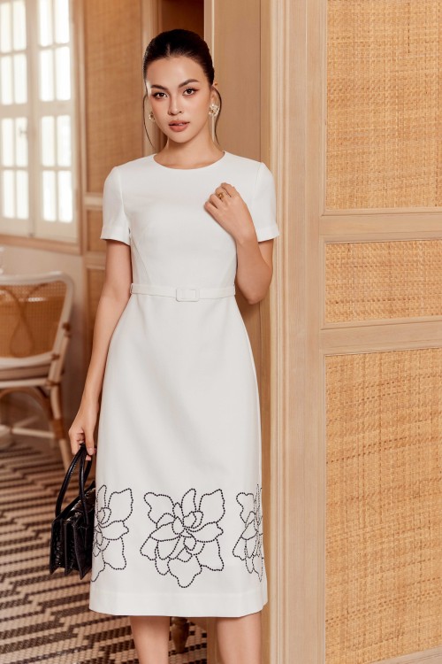 White Flower Embroidery Raw Midi Dress
