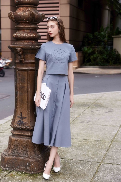 Blue Grey Raw Flared Skirt