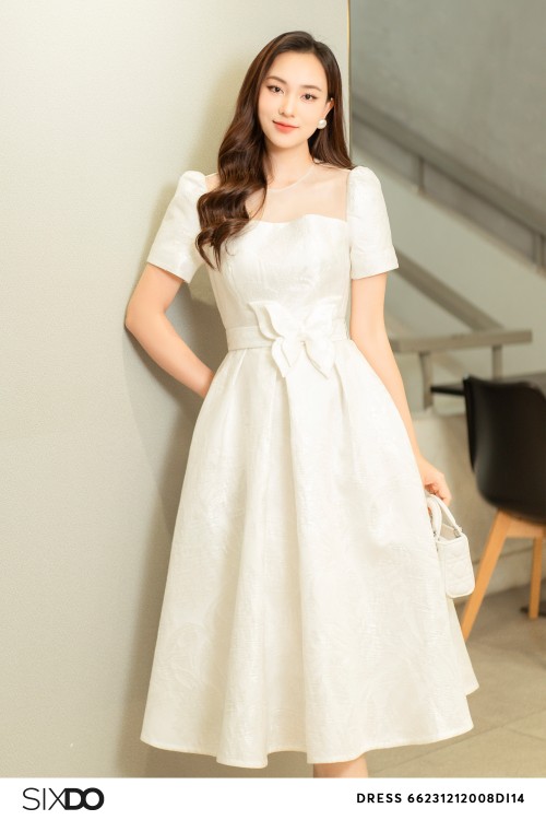 Pearly White Brocade Midi Dress