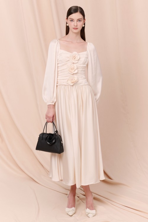 Cream 3D Flower Silk Maxi Dress