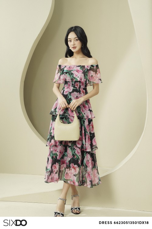 Black Cherry Blossom Midi Voile Dress