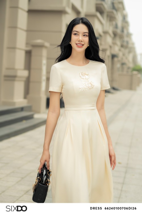 Cream Flower Embroidery Taffeta Midi Dress