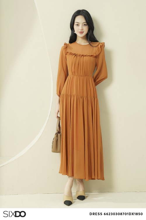 Ochre Bishop Sleeves Midi Voile Dress