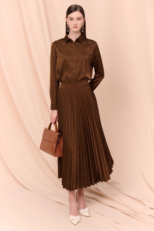 Brown Pleated Silk Midi Skirt