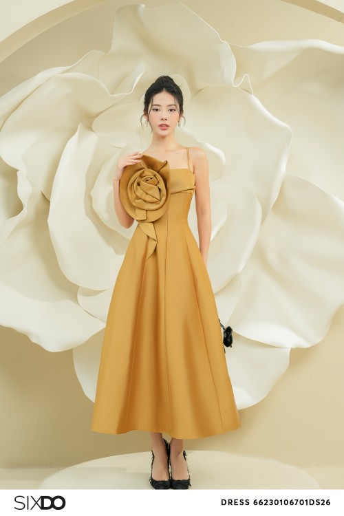 Dark Yellow Strappy Midi Taffeta Dress