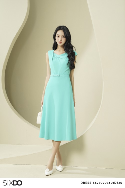 Turquoise Midi Silk Dress With Belt