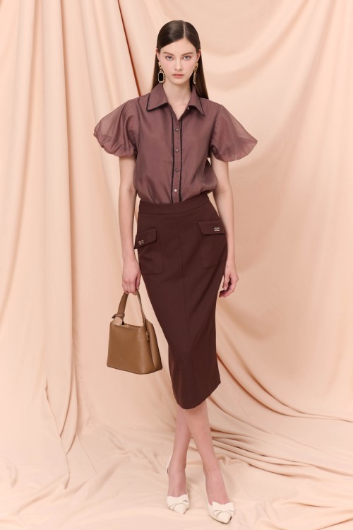 Brown Straight Raw Midi Skirt