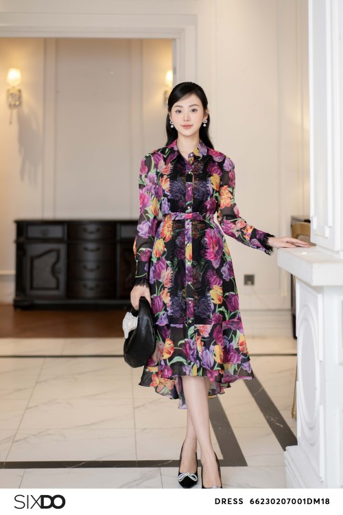 Black Tulip Shirtwaist Midi Voile Dress