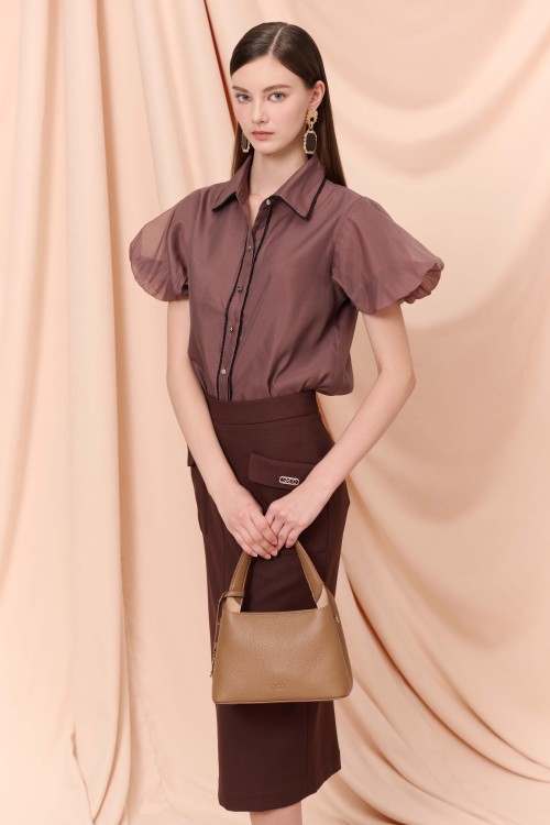 Brown Short Sleeves Organza Shirt