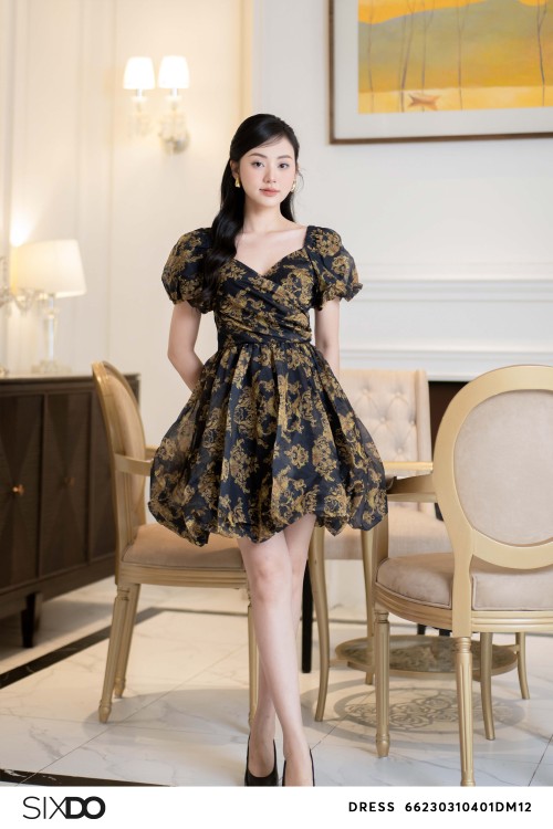 Black Baroque Print Bubble Mini Dress