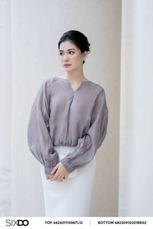 Grey Long Sleeves Organza Top