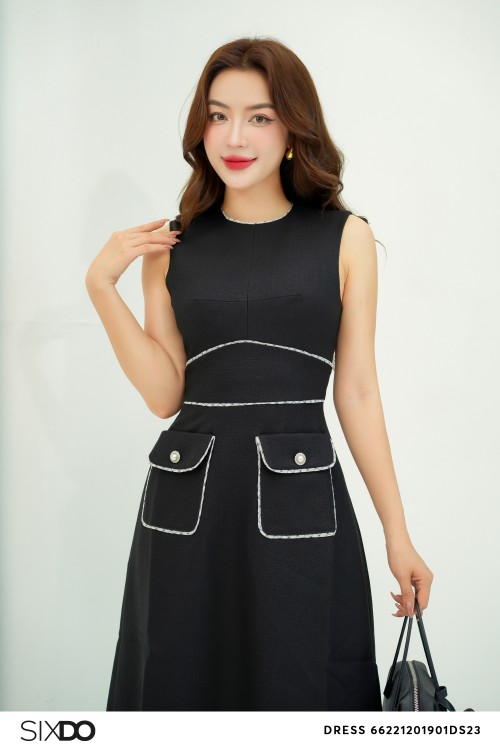 Sixdo Black Midi Raw Dress With Pockets