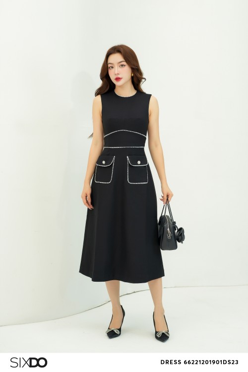 Black Midi Raw Dress With Pockets