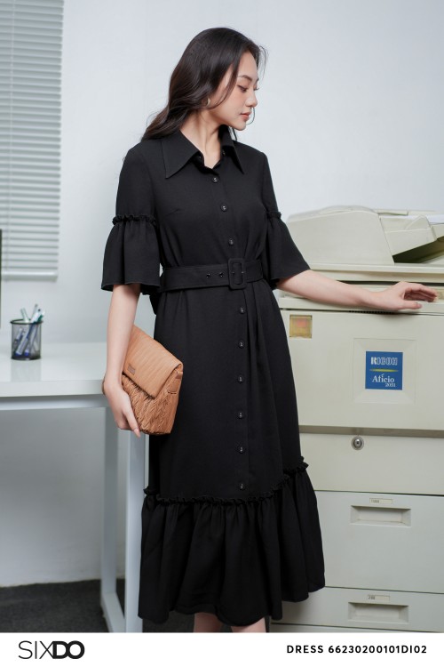 Sixdo Black Flute Sleeves Midi Woven Dress