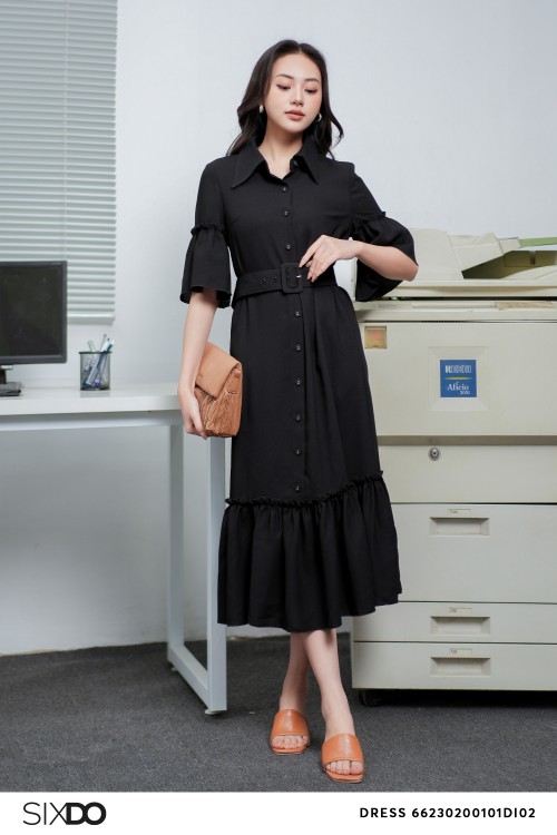 Black Flute Sleeves Midi Woven Dress